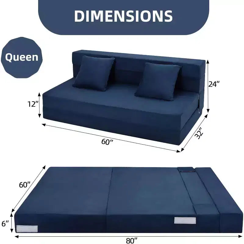 Canapé-lit pliable, Canapé-lit pliant avec oreiller, Matelas de chaise-lit convertible, Canapé futon de sol avec housse lavable en mousse à mémoire de forme, Bleu