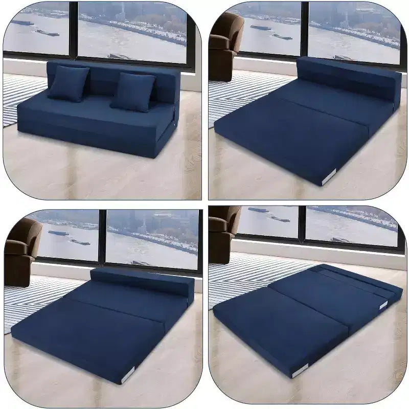 Canapé-lit pliable, Canapé-lit pliant avec oreiller, Matelas de chaise-lit convertible, Canapé futon de sol avec housse lavable en mousse à mémoire de forme, Bleu