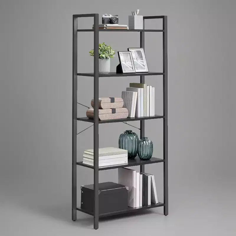 Bibliothèque haute à 5 niveaux, étagère avec cadre en acier, étagère à livres pour salon, bureau à domicile, étude, 11,8 x 26 x 60 pouces, style industriel