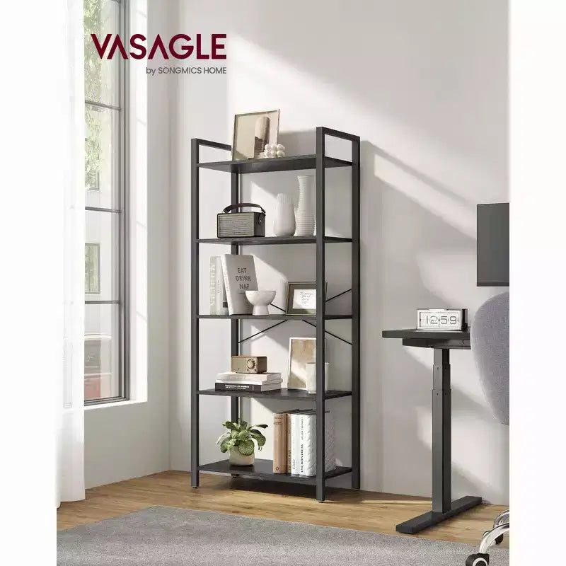 Bibliothèque haute à 5 niveaux, étagère avec cadre en acier, étagère à livres pour salon, bureau à domicile, étude, 11,8 x 26 x 60 pouces, style industriel