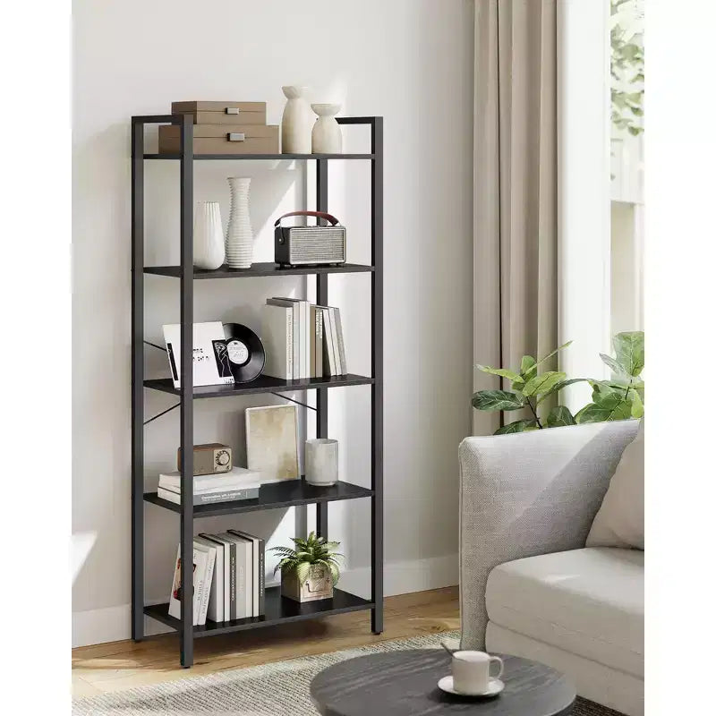 Bibliothèque haute à 5 niveaux, étagère avec cadre en acier, étagère à livres pour salon, bureau à domicile, étude, 11,8 x 26 x 60 pouces, style industriel