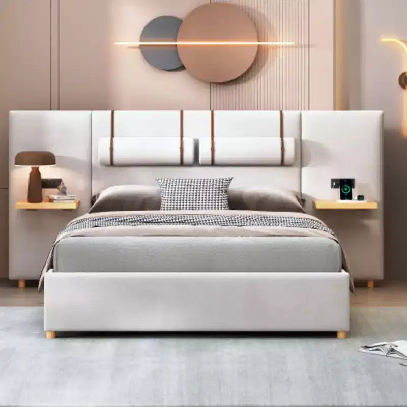 Lit plateforme capitonné en velours Queen-Size avec deux prises, ports de chargement USB, oreillers de chevet et étagères de rangement