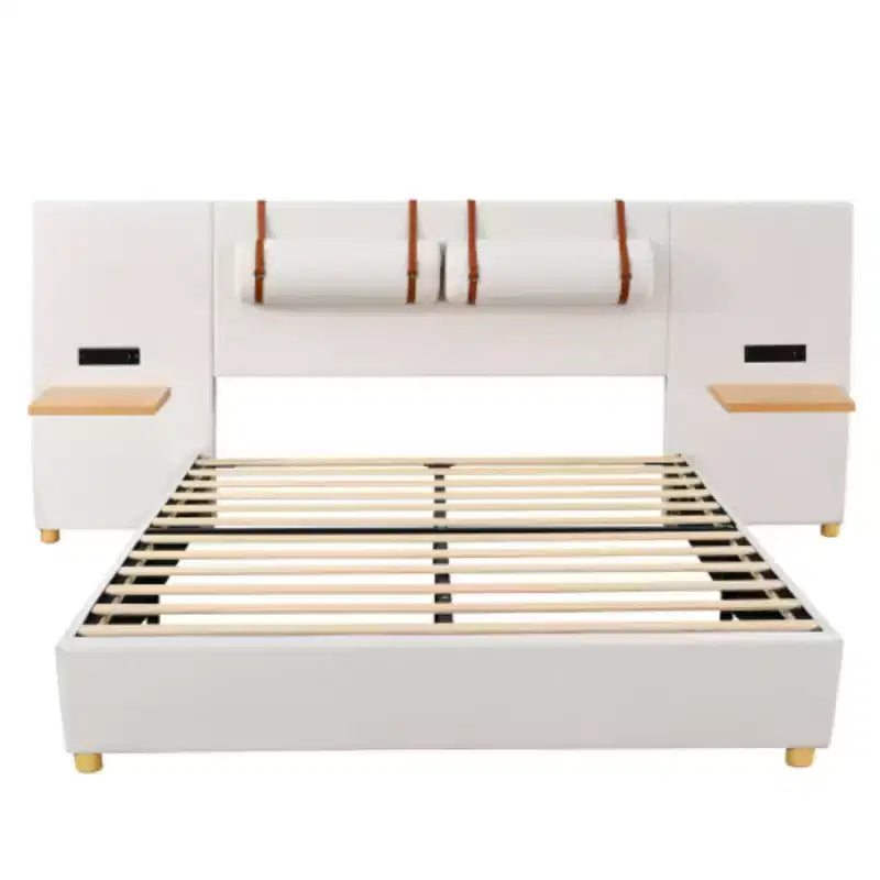 Queen-Size Velvet Upholstered Platform Bed with Dual Outlets, USB Charging Ports, Bedside Pillows, and Storage Shelves