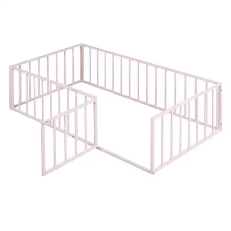 Pink Twin Size Metal Bed Frame with Fence and Door Design