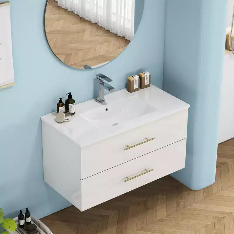 Meuble-lavabo mural avec lavabo, deux tiroirs, lavabo en céramique, longue poignée en métal, facile à installer