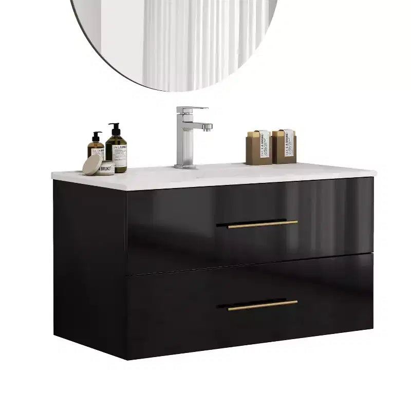 Meuble-lavabo mural avec lavabo, deux tiroirs, lavabo en céramique, longue poignée en métal, facile à installer