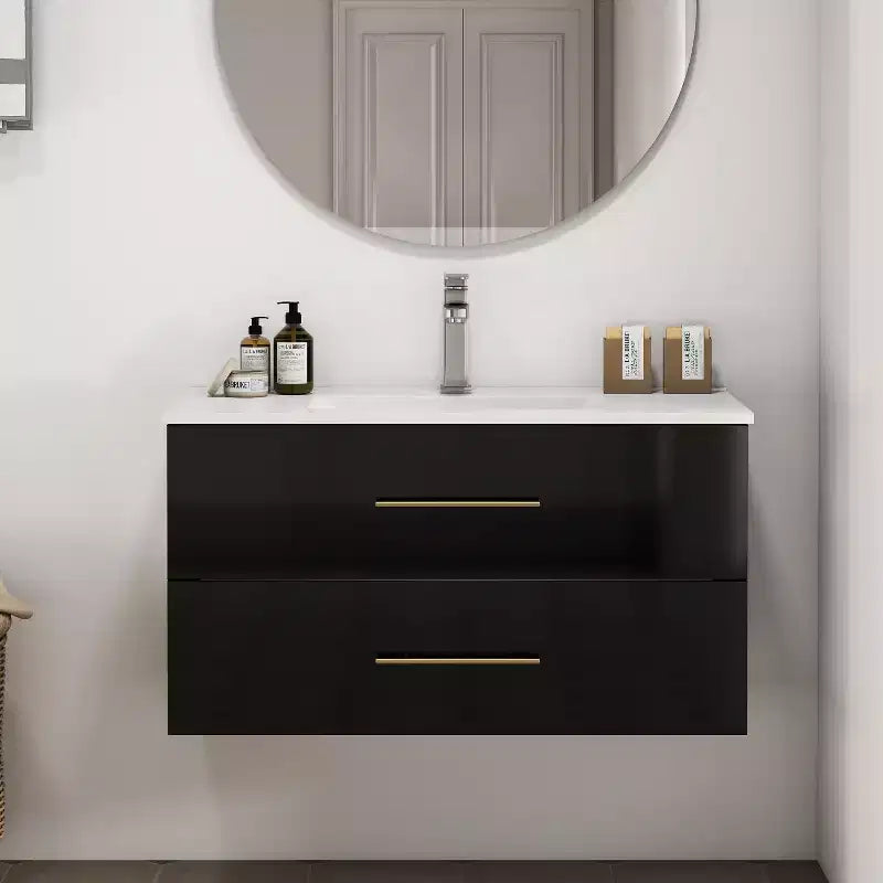 Bathroom Vanity Wall-Mounted with Sink, Double Drawers, Ceramic Sink, Long Metal Handle, Easy to Install