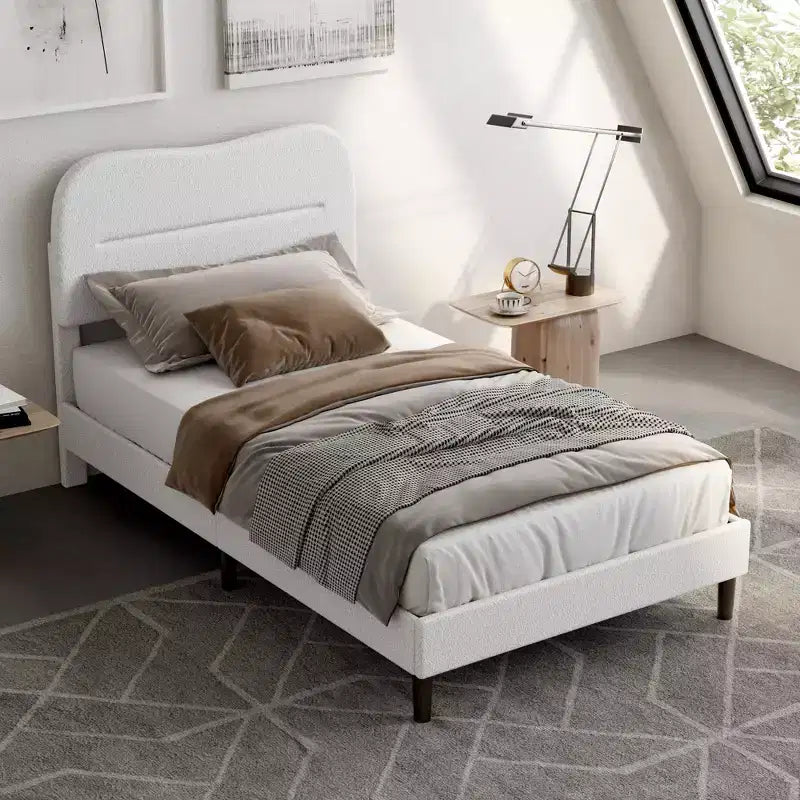 Modern Twin Bed Frame with White Teddy Boucle Upholstered Cloud Headboard Marshmallow Style Wood Slats Noise Free No Box Spring Needed Dorm