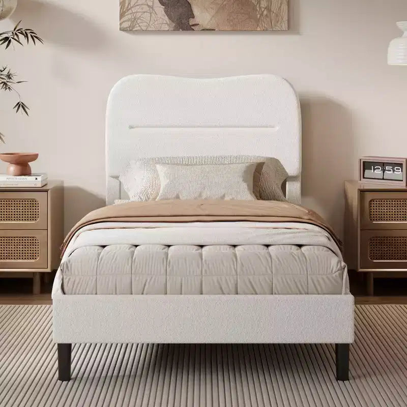 Cadre de Lit Jumeau Moderne avec Tête de Lit Nuage Rembourrée en Boucle Peluche Blanche Style Guimauve Lattes en Bois Silencieux Aucun Sommier Tapissier Nécessaire Dortoir