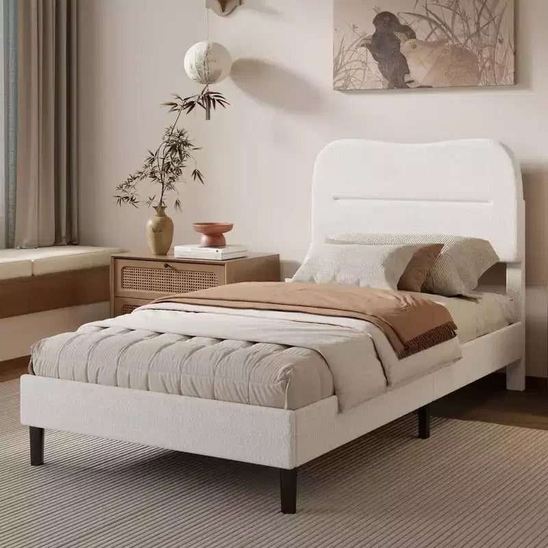 Cadre de Lit Jumeau Moderne avec Tête de Lit Nuage Rembourrée en Boucle Peluche Blanche Style Guimauve Lattes en Bois Silencieux Aucun Sommier Tapissier Nécessaire Dortoir