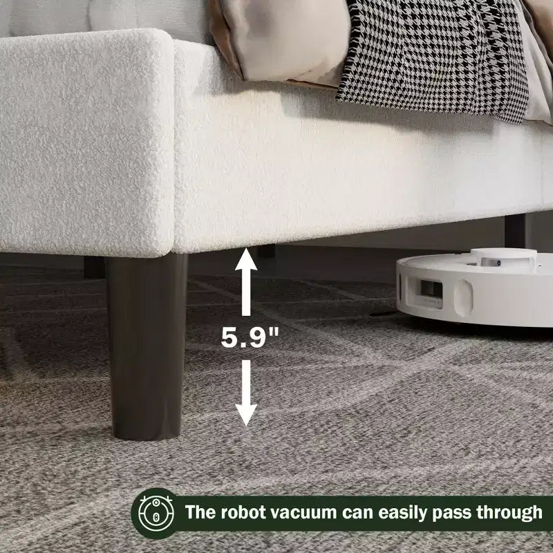 Cadre de Lit Jumeau Moderne avec Tête de Lit Nuage Rembourrée en Boucle Peluche Blanche Style Guimauve Lattes en Bois Silencieux Aucun Sommier Tapissier Nécessaire Dortoir