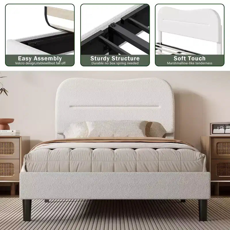 Cadre de Lit Jumeau Moderne avec Tête de Lit Nuage Rembourrée en Boucle Peluche Blanche Style Guimauve Lattes en Bois Silencieux Aucun Sommier Tapissier Nécessaire Dortoir