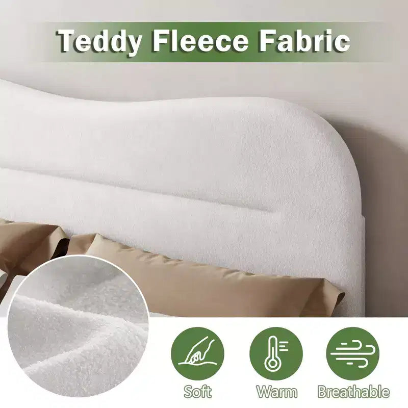 Cadre de Lit Jumeau Moderne avec Tête de Lit Nuage Rembourrée en Boucle Peluche Blanche Style Guimauve Lattes en Bois Silencieux Aucun Sommier Tapissier Nécessaire Dortoir