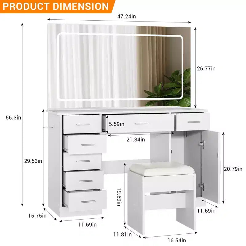 Coiffeuse avec miroir, coiffeuse blanche avec 7 tiroirs, table de toilette avec porte-sèche-cheveux pour chambre à coucher