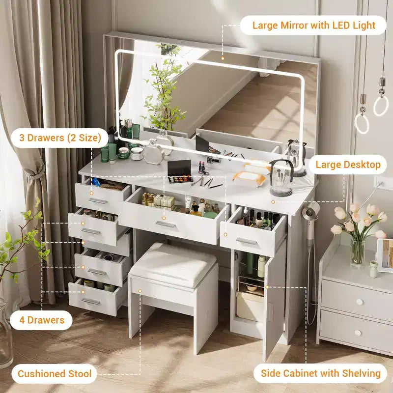 Coiffeuse avec miroir, coiffeuse blanche avec 7 tiroirs, table de toilette avec porte-sèche-cheveux pour chambre à coucher