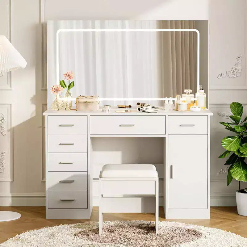 Coiffeuse avec miroir, coiffeuse blanche avec 7 tiroirs, table de toilette avec porte-sèche-cheveux pour chambre à coucher