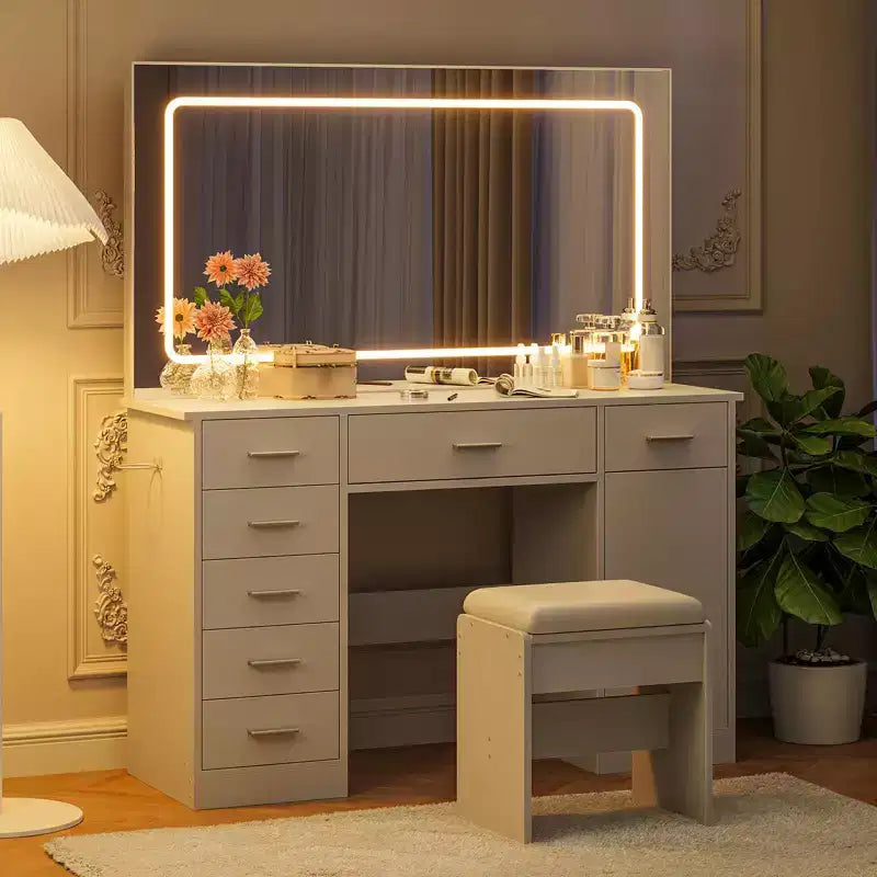 Coiffeuse avec miroir, coiffeuse blanche avec 7 tiroirs, table de toilette avec porte-sèche-cheveux pour chambre à coucher