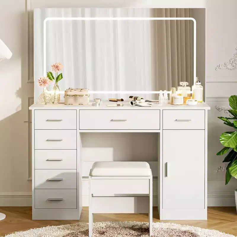 Coiffeuse avec miroir, coiffeuse blanche avec 7 tiroirs, table de toilette avec porte-sèche-cheveux pour chambre à coucher