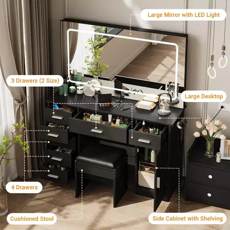 Coiffeuse avec miroir, coiffeuse blanche avec 7 tiroirs, table de toilette avec porte-sèche-cheveux pour chambre à coucher