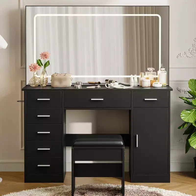 Coiffeuse avec miroir, coiffeuse blanche avec 7 tiroirs, table de toilette avec porte-sèche-cheveux pour chambre à coucher