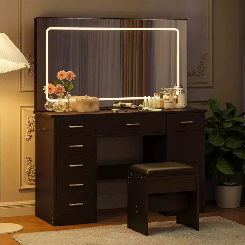 Coiffeuse avec miroir, coiffeuse blanche avec 7 tiroirs, table de toilette avec porte-sèche-cheveux pour chambre à coucher