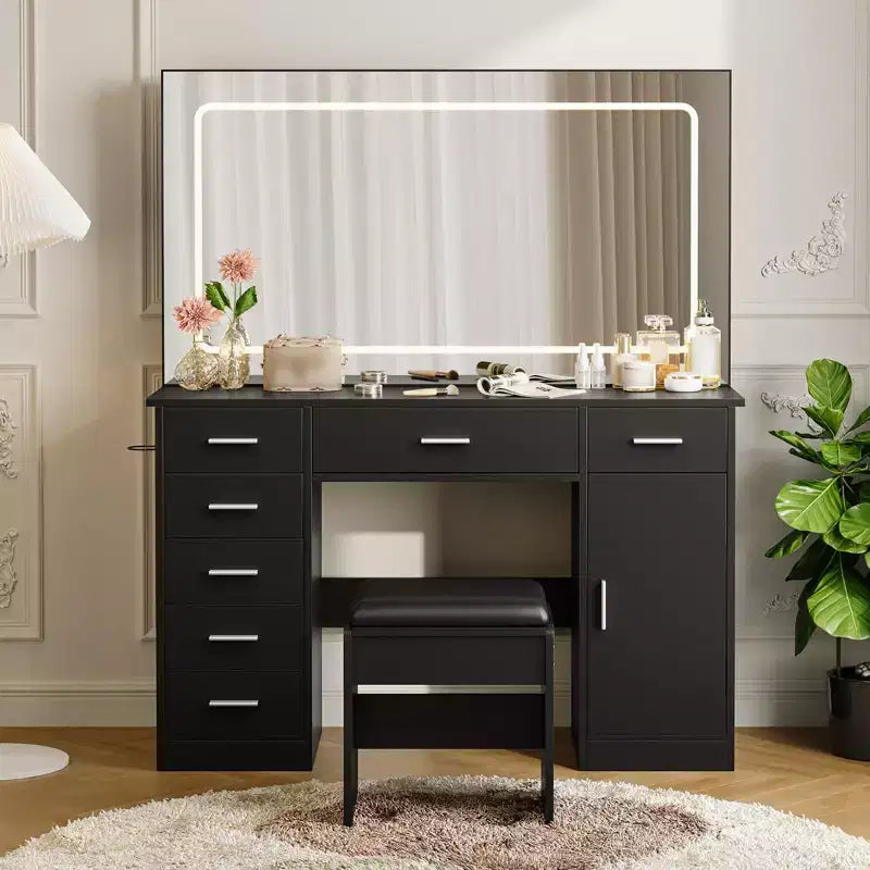 Coiffeuse avec miroir, coiffeuse blanche avec 7 tiroirs, table de toilette avec porte-sèche-cheveux pour chambre à coucher