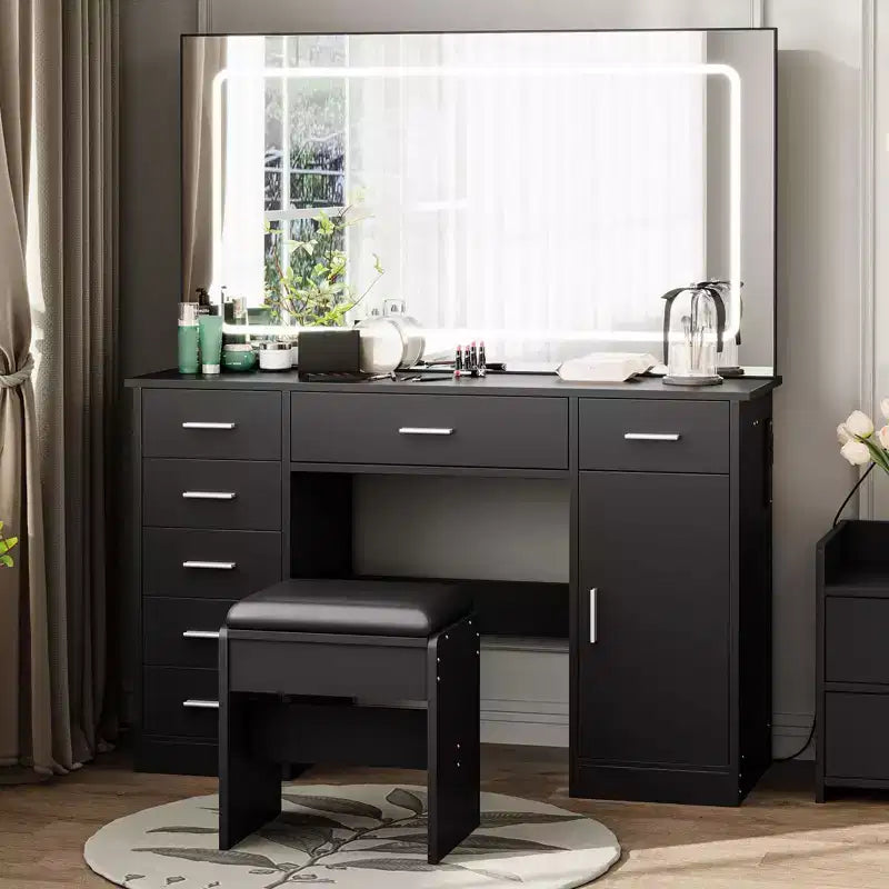 Vanity Desk with Mirror, White Makeup Vanity with 7 Drawers, Dressing Table with Hairdryer Holder for Bedroom