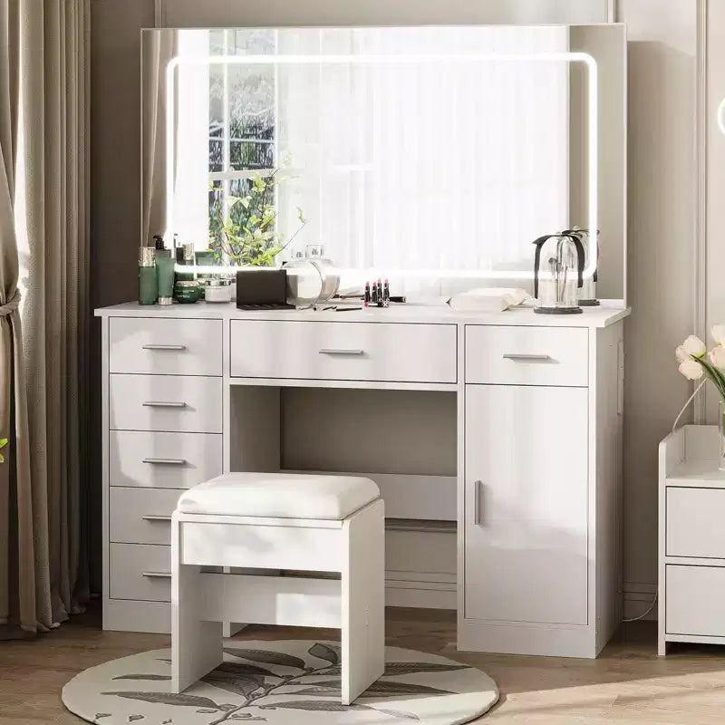 Coiffeuse avec miroir, coiffeuse blanche avec 7 tiroirs, table de toilette avec porte-sèche-cheveux pour chambre à coucher