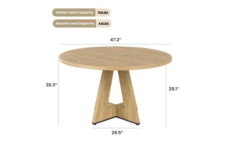 Table à manger en bois avec pieds en métal, table de cuisine ronde de 47" pour 4 à 7 personnes avec bords lisses et arrondis, table de salle à manger spacieuse pour le salon