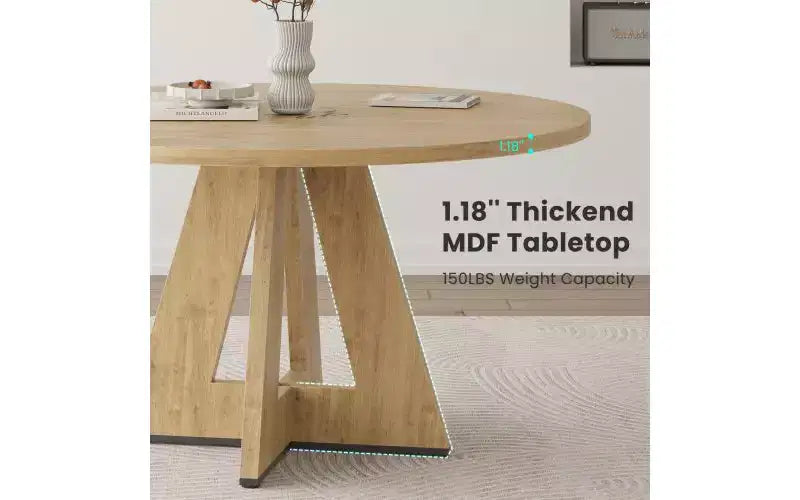 Table à manger en bois avec pieds en métal, table de cuisine ronde de 47" pour 4 à 7 personnes avec bords lisses et arrondis, table de salle à manger spacieuse pour le salon
