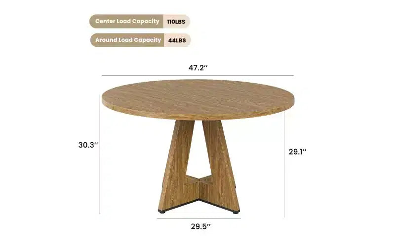 Table à manger en bois avec pieds en métal, table de cuisine ronde de 47" pour 4 à 7 personnes avec bords lisses et arrondis, table de salle à manger spacieuse pour le salon