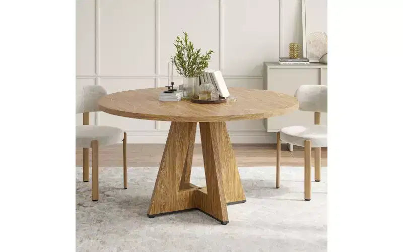 Table à manger en bois avec pieds en métal, table de cuisine ronde de 47" pour 4 à 7 personnes avec bords lisses et arrondis, table de salle à manger spacieuse pour le salon
