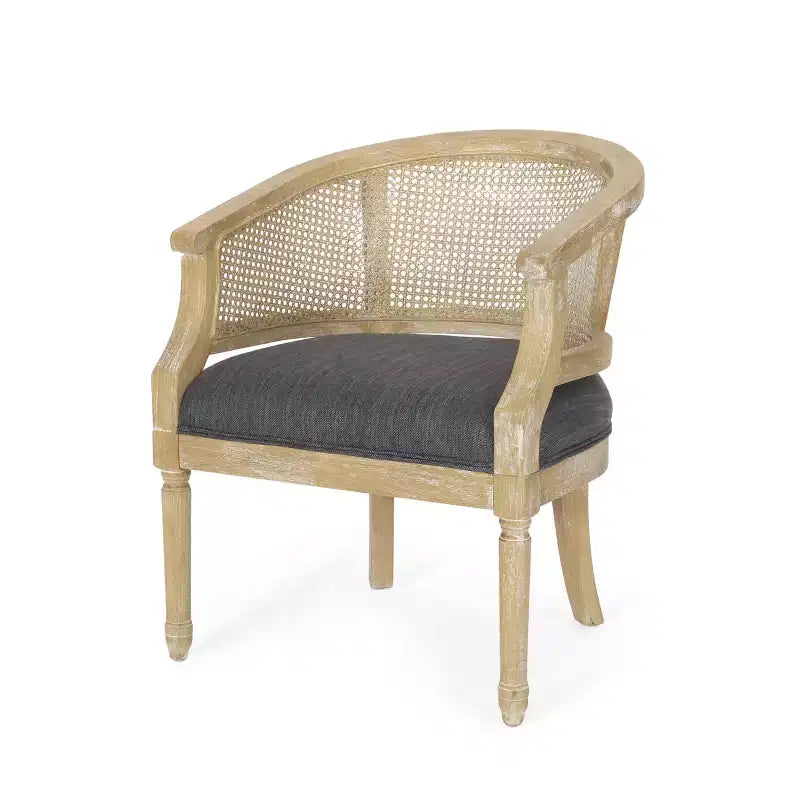 Fauteuil d'appoint moderne en bois avec assise épaisse et rembourrée, dossier incurvé en rotin, fauteuil de salon pour le séjour ou la chambre à coucher