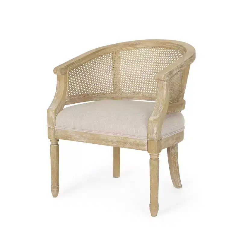 Fauteuil d'appoint moderne en bois avec assise épaisse et rembourrée, dossier incurvé en rotin, fauteuil de salon pour le séjour ou la chambre à coucher