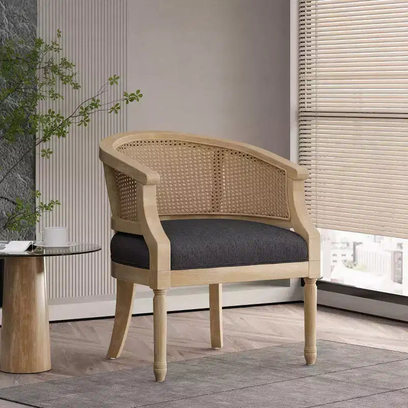 Fauteuil d'appoint moderne en bois avec assise épaisse et rembourrée, dossier incurvé en rotin, fauteuil de salon pour le séjour ou la chambre à coucher