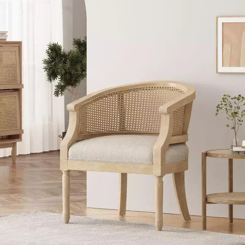 TUYOHW Modern Wood Accent Chair with Thick Upholstered Comfy Chair with Rattan Curved Backrest Lounge Armchair for Living Room, Bedroom