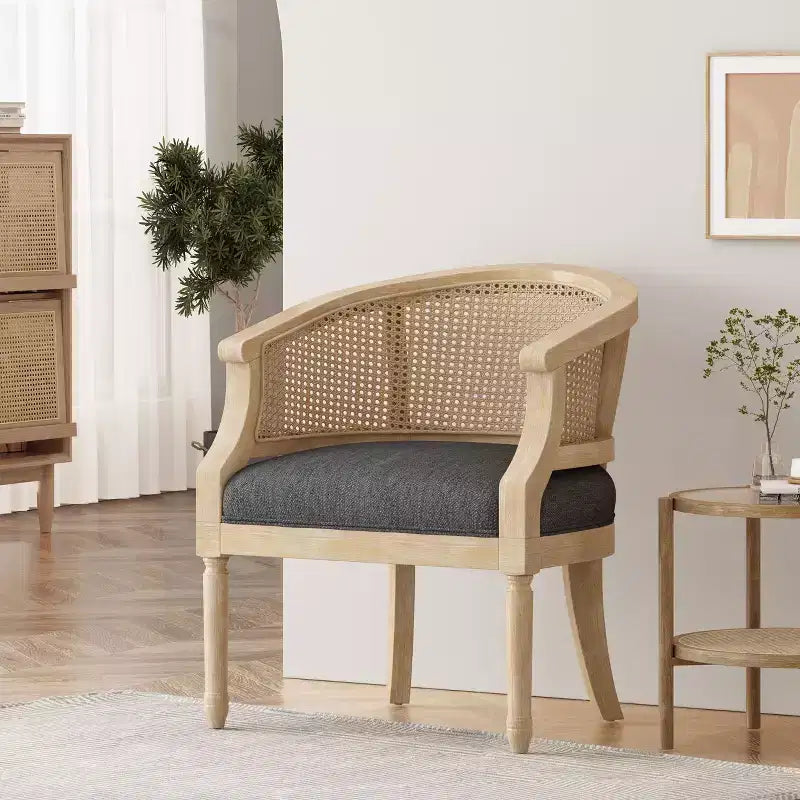 Fauteuil d'appoint moderne en bois avec assise épaisse et rembourrée, dossier incurvé en rotin, fauteuil de salon pour le séjour ou la chambre à coucher