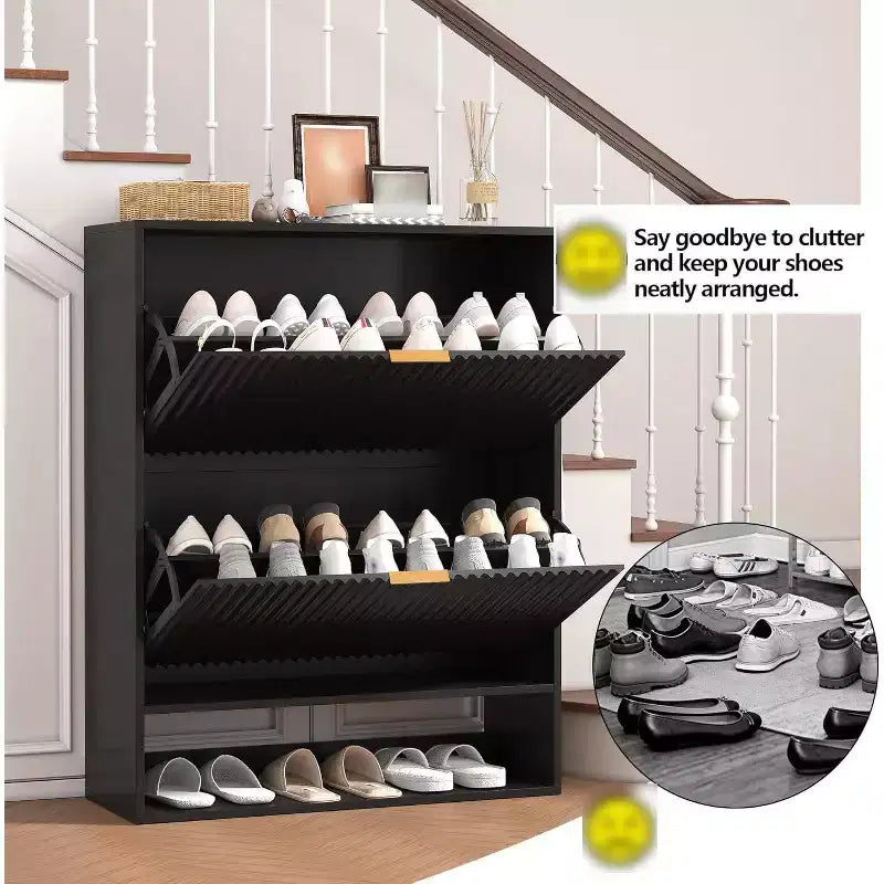 Meuble à chaussures avec 2 tiroirs basculants, Organisateur de chaussures dissimulé sur pied avec étagère ouverte inférieure, Meuble à chaussures étroit pour couloir