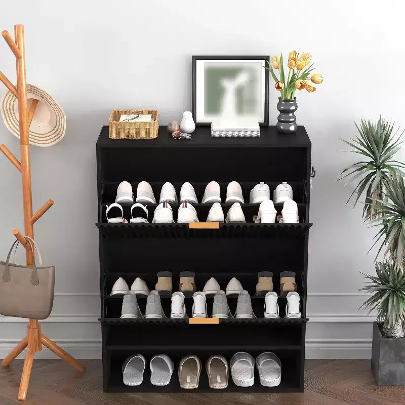 Meuble à chaussures avec 2 tiroirs basculants, Organisateur de chaussures dissimulé sur pied avec étagère ouverte inférieure, Meuble à chaussures étroit pour couloir