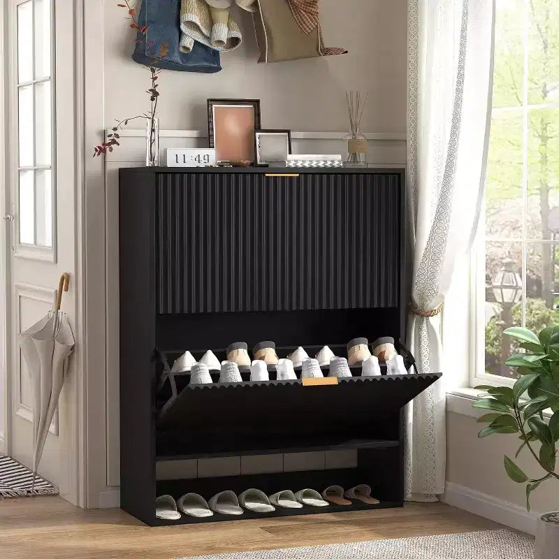 Meuble à chaussures avec 2 tiroirs basculants, Organisateur de chaussures dissimulé sur pied avec étagère ouverte inférieure, Meuble à chaussures étroit pour couloir