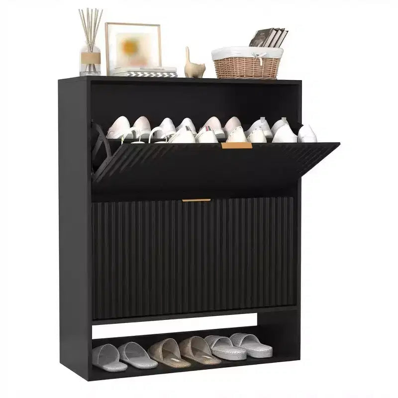 Meuble à chaussures avec 2 tiroirs basculants, Organisateur de chaussures dissimulé sur pied avec étagère ouverte inférieure, Meuble à chaussures étroit pour couloir