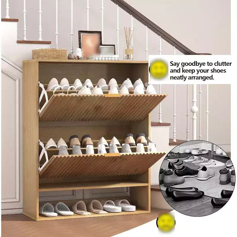 Meuble à chaussures avec 2 tiroirs basculants, Organisateur de chaussures dissimulé sur pied avec étagère ouverte inférieure, Meuble à chaussures étroit pour couloir