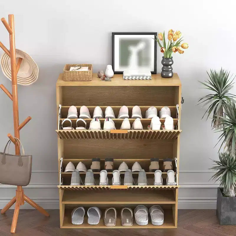 Meuble à chaussures avec 2 tiroirs basculants, Organisateur de chaussures dissimulé sur pied avec étagère ouverte inférieure, Meuble à chaussures étroit pour couloir
