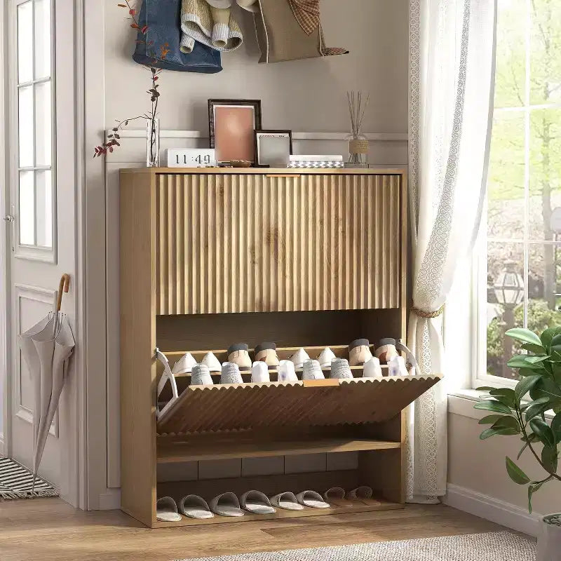 Meuble à chaussures avec 2 tiroirs basculants, Organisateur de chaussures dissimulé sur pied avec étagère ouverte inférieure, Meuble à chaussures étroit pour couloir