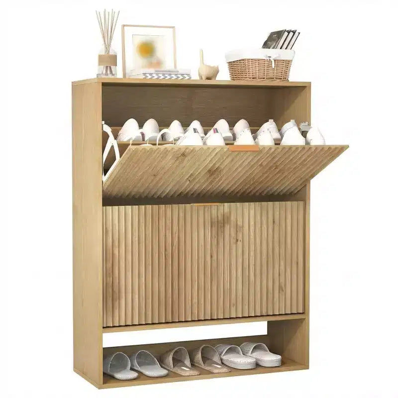 Meuble à chaussures avec 2 tiroirs basculants, Organisateur de chaussures dissimulé sur pied avec étagère ouverte inférieure, Meuble à chaussures étroit pour couloir
