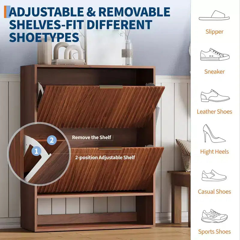 Meuble à chaussures avec 2 tiroirs basculants, Organisateur de chaussures dissimulé sur pied avec étagère ouverte inférieure, Meuble à chaussures étroit pour couloir