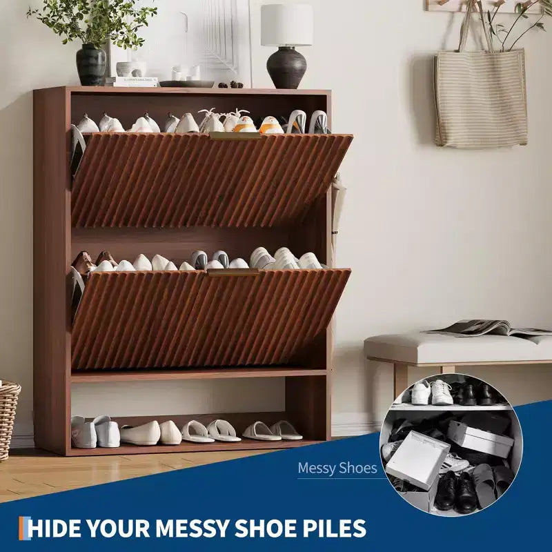 Meuble à chaussures avec 2 tiroirs basculants, Organisateur de chaussures dissimulé sur pied avec étagère ouverte inférieure, Meuble à chaussures étroit pour couloir