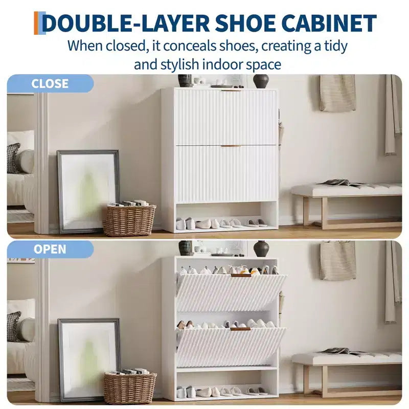 Meuble à chaussures avec 2 tiroirs basculants, Organisateur de chaussures dissimulé sur pied avec étagère ouverte inférieure, Meuble à chaussures étroit pour couloir