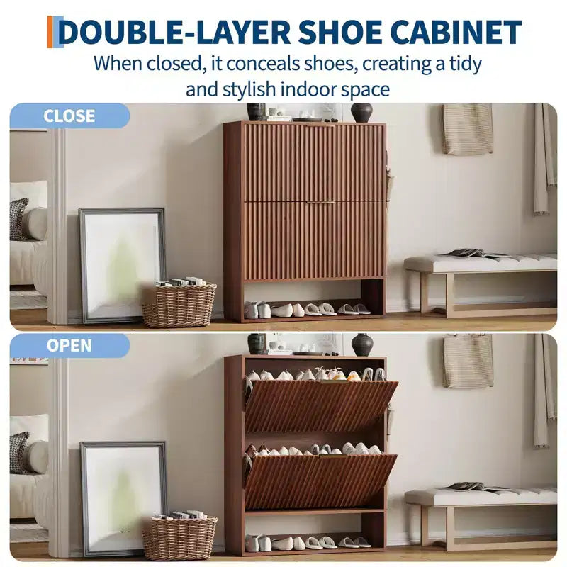 Meuble à chaussures avec 2 tiroirs basculants, Organisateur de chaussures dissimulé sur pied avec étagère ouverte inférieure, Meuble à chaussures étroit pour couloir