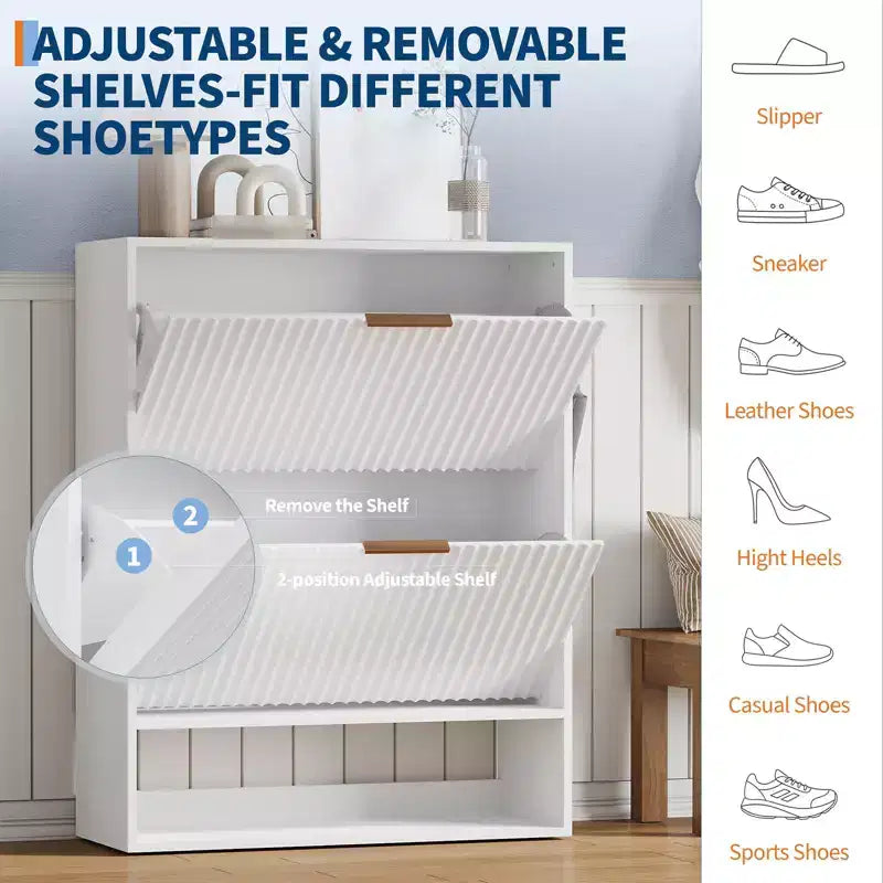 Meuble à chaussures avec 2 tiroirs basculants, Organisateur de chaussures dissimulé sur pied avec étagère ouverte inférieure, Meuble à chaussures étroit pour couloir